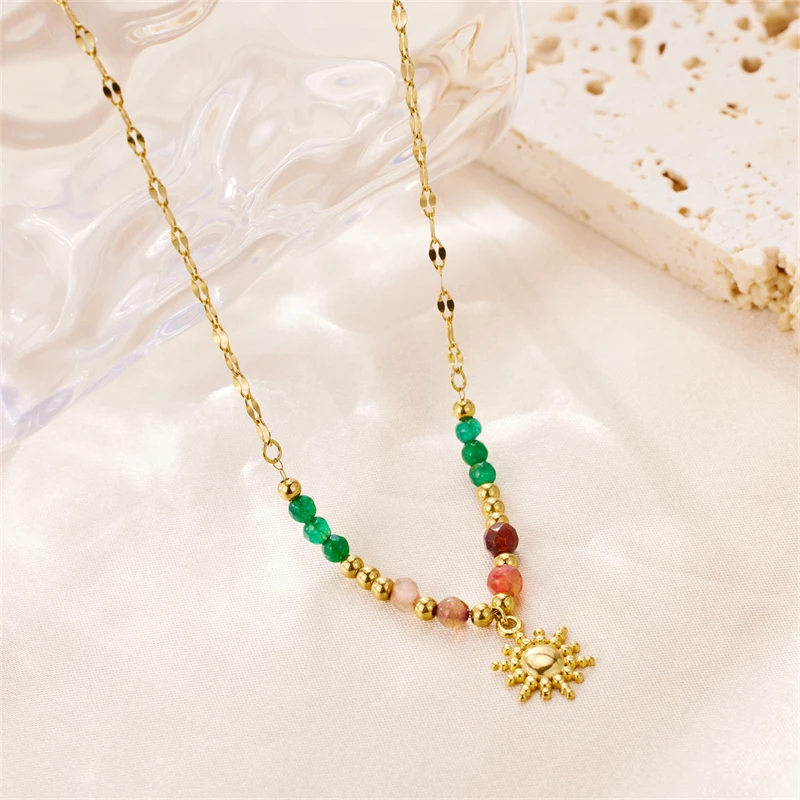 New Retro Sunflower Pendant Natural Stone Chain Splicing Beaded Necklace Women's New Fashion Jewelry Gift