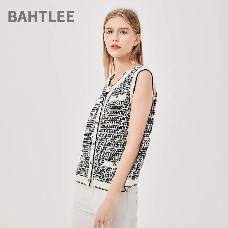 BAHTLEE-Women's Linen Sleeveless T-Shirt, O-Neck Pullovers, Button Split Pocket, Knitted Sweaters, Hollow, Summer