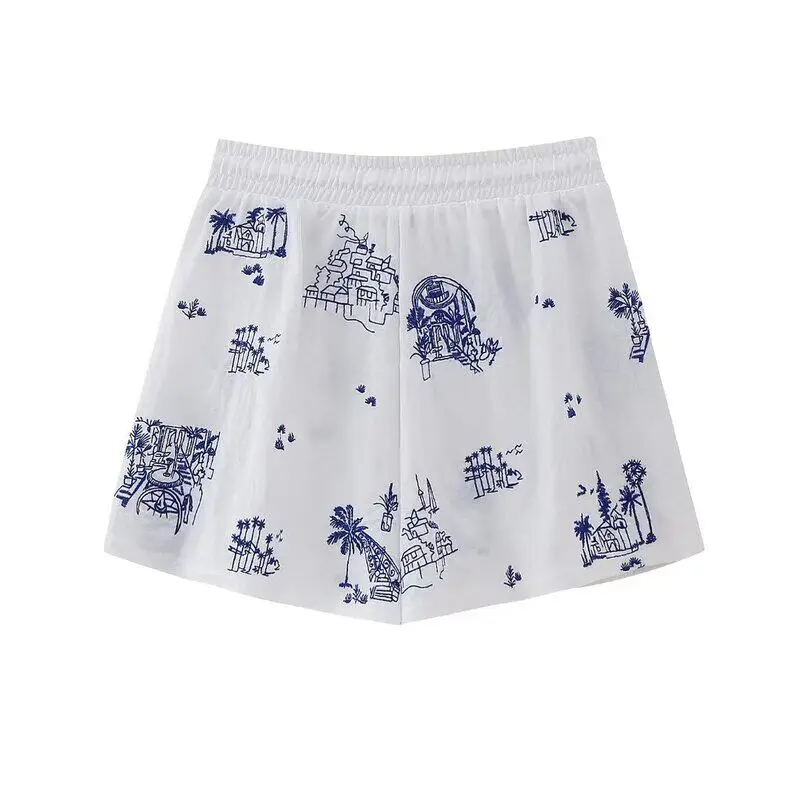 Embroidery Print Women' Shorts 2026 Summer New European Style Mid-waist Woman Clothes Drawstring Beautiful White Loose Shorts