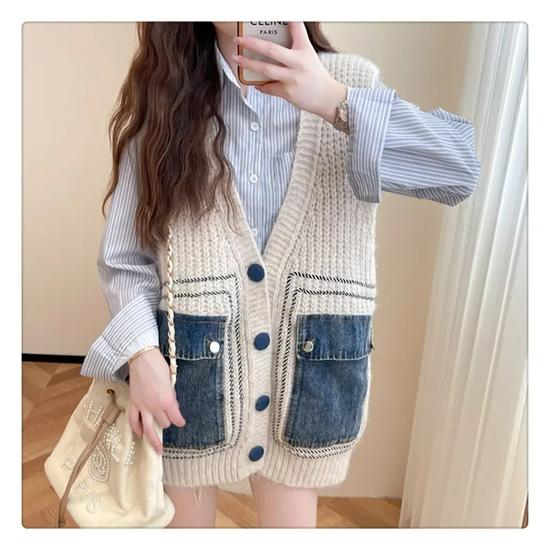 

Denim Spliced Sweater Vest Vintage Big Pocket Spliced Single Breasted Knited Waistcoat Top 2023 Autumn Winter New 16U4533