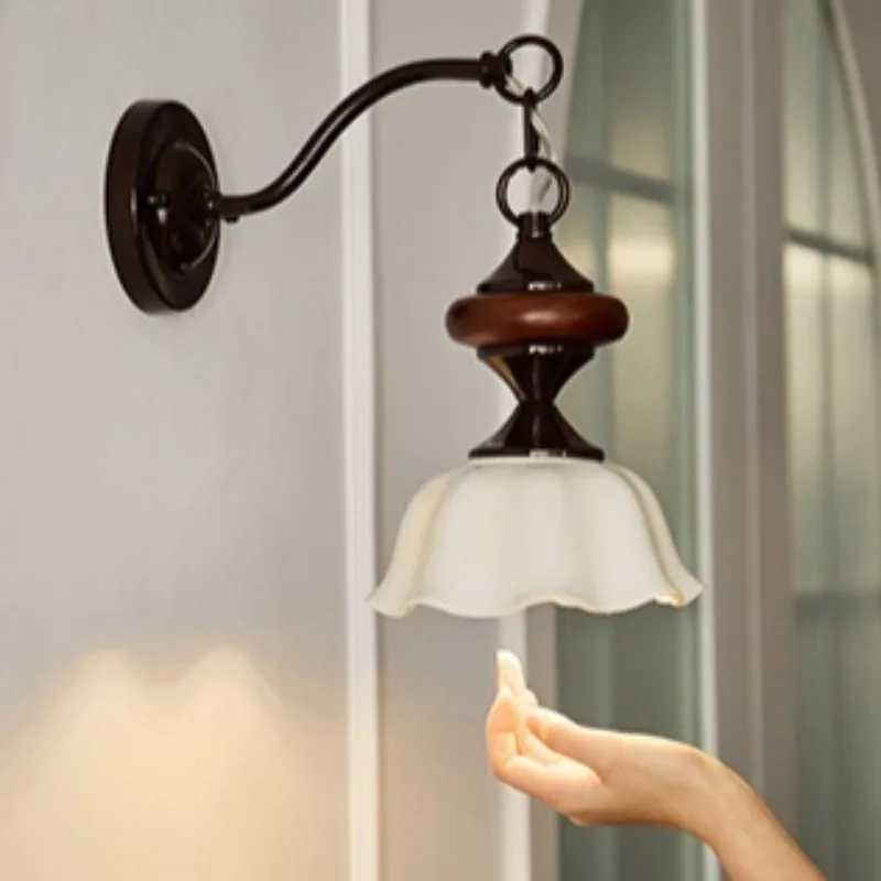 

Nordic Cream Wind Living Room Dining Room Corridor Lamp Retro Style Bedroom Bedside Wall Lamp Ceramic Wrought Iron Light