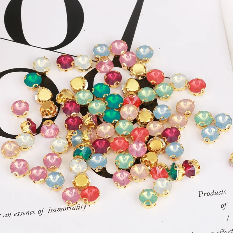 8mm Round Opal Rhinestones Resin Sew On Rhinestones With Holes Gold Claw Settings Flatback Sewing Stone For Garment Accessories