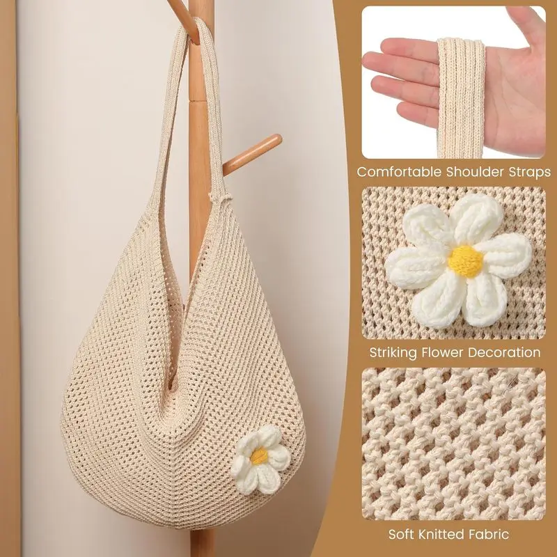 Women'S Daisy Crochet Shoulder Bag Soft Knit Mesh Hobo Tote Summer Beach Travel Daily Handbag image 2