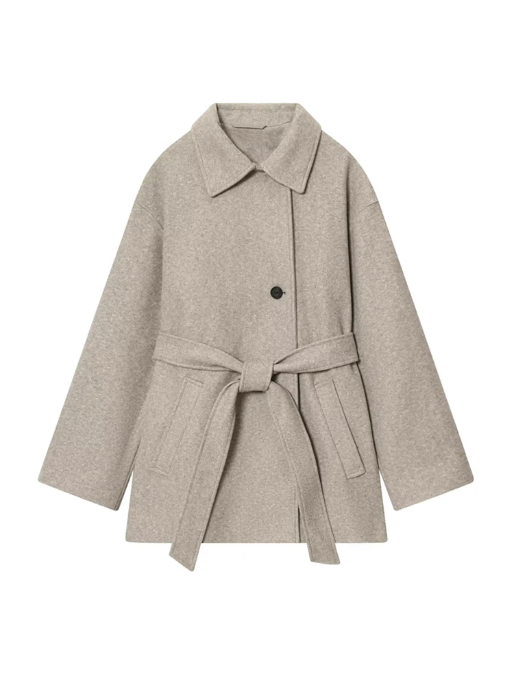 Fanan Women's Soft Woolen Coat with Belt Double-Position Collar Long Sleeve Front Pockets Chic Female Outerwear Top