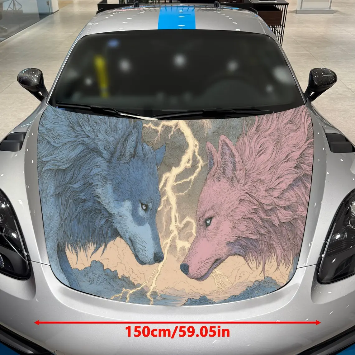 Dynamic Lightning Wolf Pair Auto Cover Sticker, Waterproof and Self-adhesive Auto Hood Decal, Auto Vinyl Wraps, Cool Car Exterio
