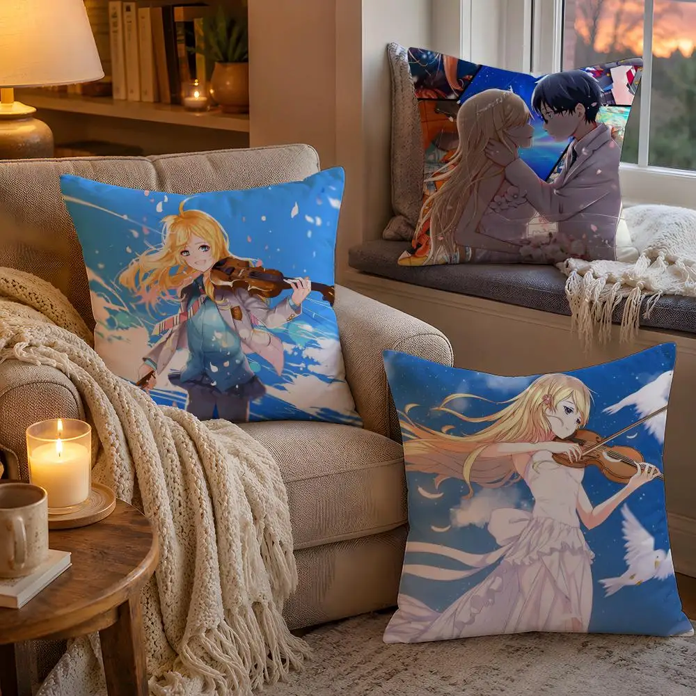 Your Lie In April Cushion Cover Soft Plush Cushion Cover Double Print And Invisible Zipper For Sofa Home Car Use