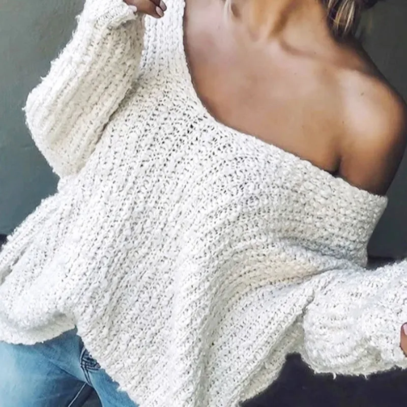 

Autumn Sexy V-neck Homewear Loose Knitted Top Women Causal Long Sleeve Solid Color Jumper Winter Fashion Hollow Pullover Sweater