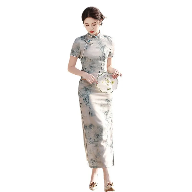 

Elegant Cheongsam Chinese Style Clothing Print Pattern Stand Collar Short Sleeved Side Slit Slimming Dress for Women in Summer