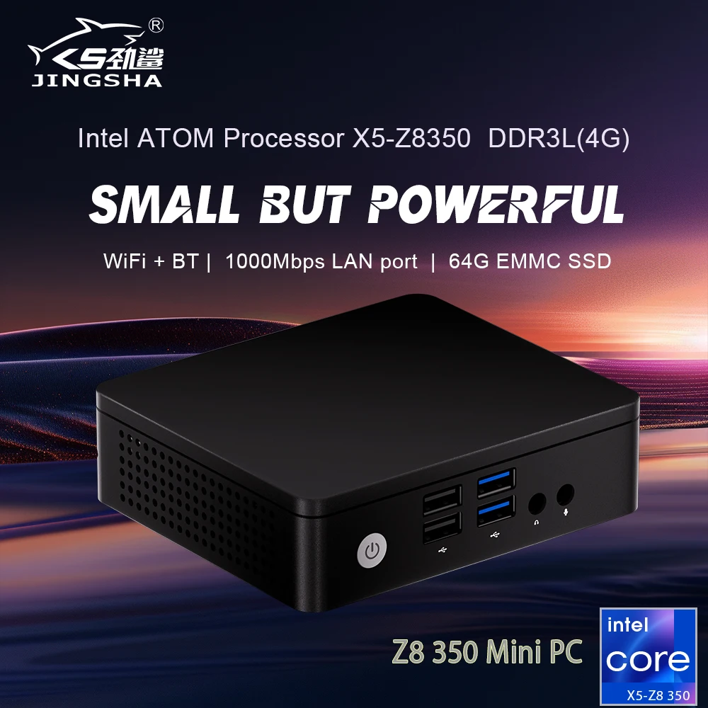 JINGSHA-Mini PC Intel Atom X5 Z8350, 4GB de RAM, 64GB de SSD, Wnidows 10, Linux, compatible con HDD, VGA, salida Dual HD, WIN10, TV BOX, ordenador