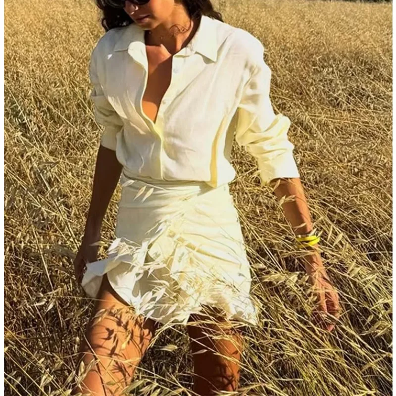 Women Summer Vacation Matching Set Lapel Long Sleeve Lace Up Front Shirt Cover Up Pleated Skirt Resort Wear Outfit