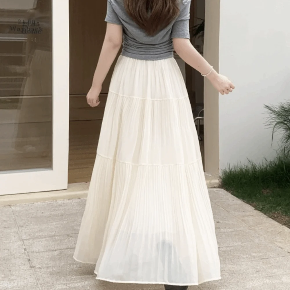 Fashion Polyester Long Midi Skirt Pleated Fabric Long Length Pleated Half Skirt High Waist Flowery Skirt Dress Daily