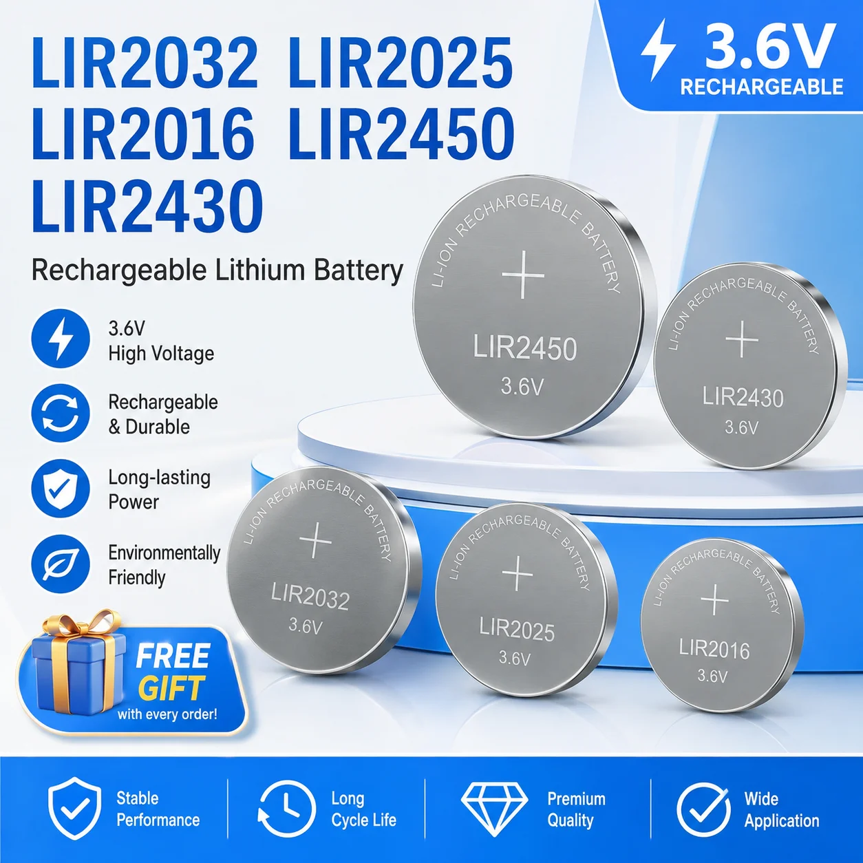 

5PCS LIR2032 LIR2025 LIR2016 LIR2450 LIR2430 3.6V Rechargeable Lithium Battery Replace CR2032 CR2025 CR2016 Button Cell