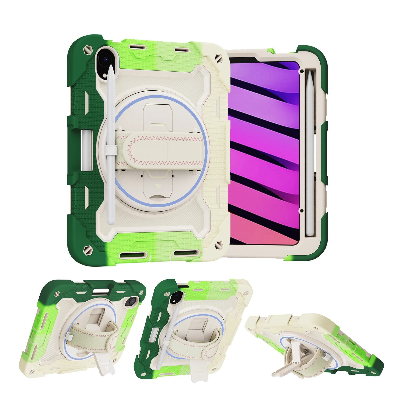 Rotating Rugged Case For iPad Mini 6 2021 Model A2567 A2568 A2569 Stand Cover With Pen Slot Hand Strap 3-Layers Production Funda