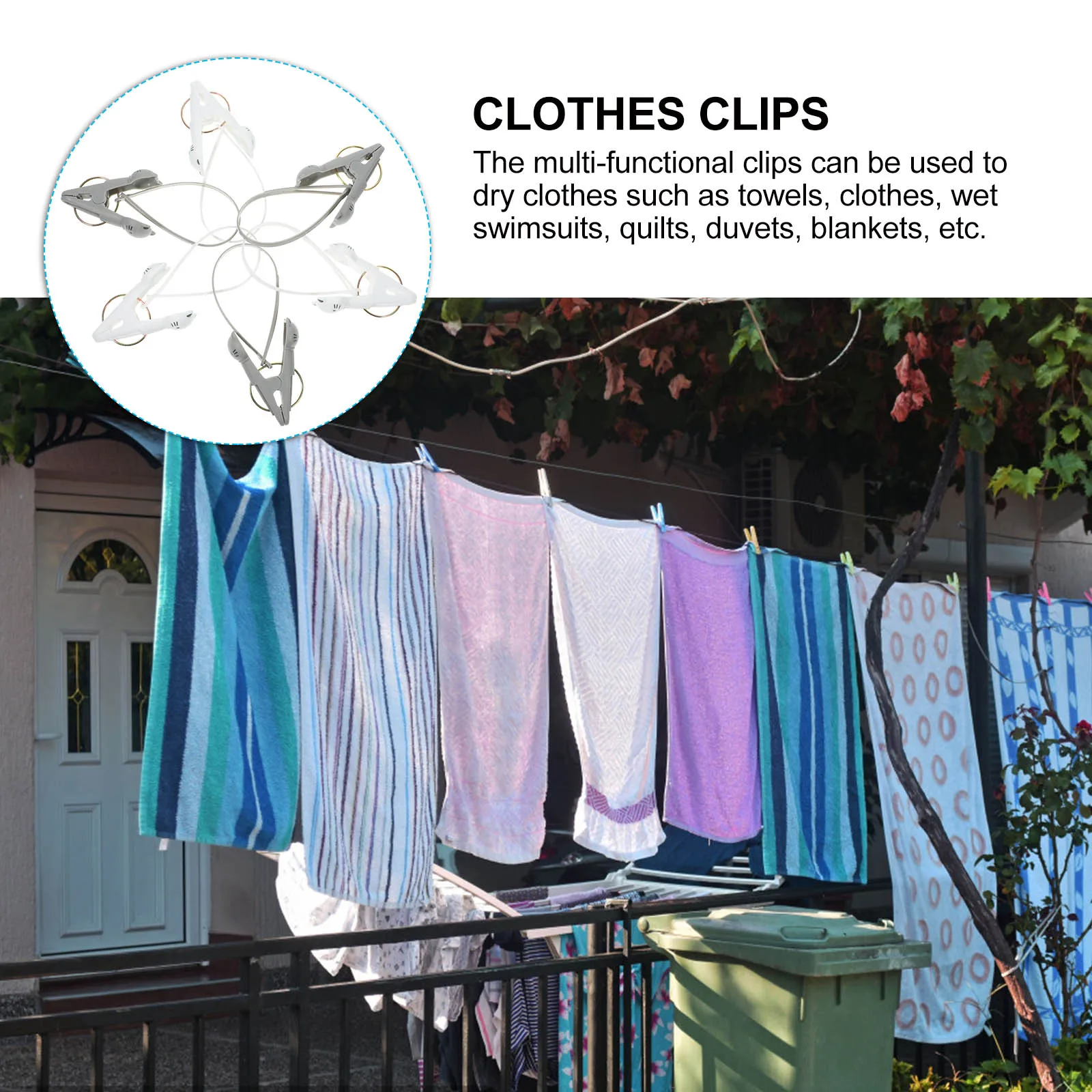 

6pcs Windproof Clothes Clips with Rope Strong Anti-Slip Quilt Clamps for Drying Towels Blankets Duvets Beachwear Household Use