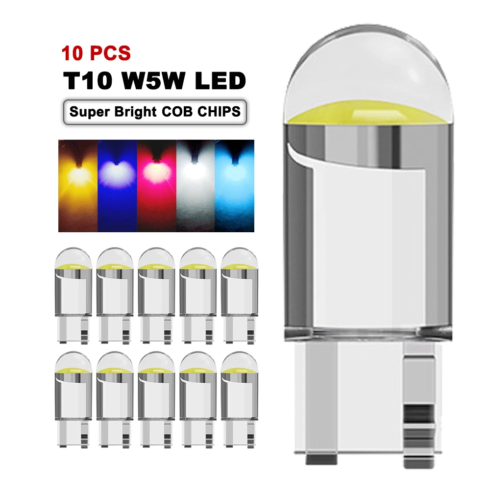 

10 PCS T10 W5W 194 LED Bulbs COB 12V 7500K White Car Interior Door Dome Map Courtesy Trunk License Plate Lamps Red Blue Yellow