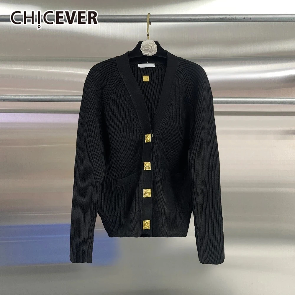 

CHICEVER однотонный базовый осенний свитер для женщин с v-образным вырезом и длинными рукавами, дизайн с металлической пряжкой, темпераментный кардиган, женская одежда, новинка