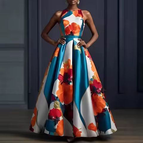 Women Elegant Floral Printed Dress Sleeveless Crew Neck Maxi Evening Dress 2025 New Summer High Waist Slim Party Wedding Dresses