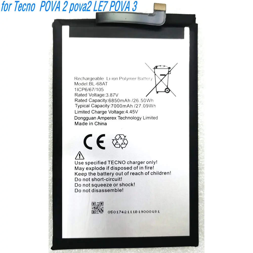 3.87V 26.50Wh BL-68AT Li-ion Polymer Battery for Tecno  POVA 2 pova2 LE7 POVA 3 Mobile Phone