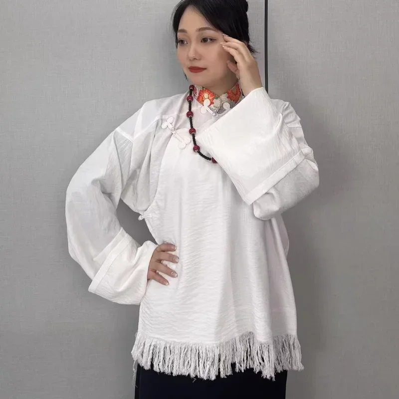 Camisa con botones y borlas de primavera y verano para mujer de estilo tibetano chino