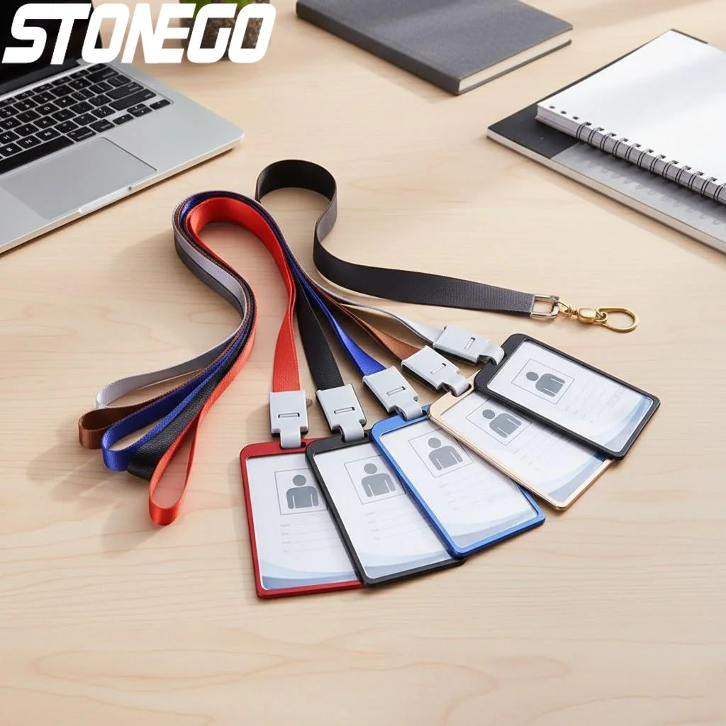 Aluminum Alloy Vertical ID Name Card Holder with Lanyard Strap Business Badge Case Office Supplies