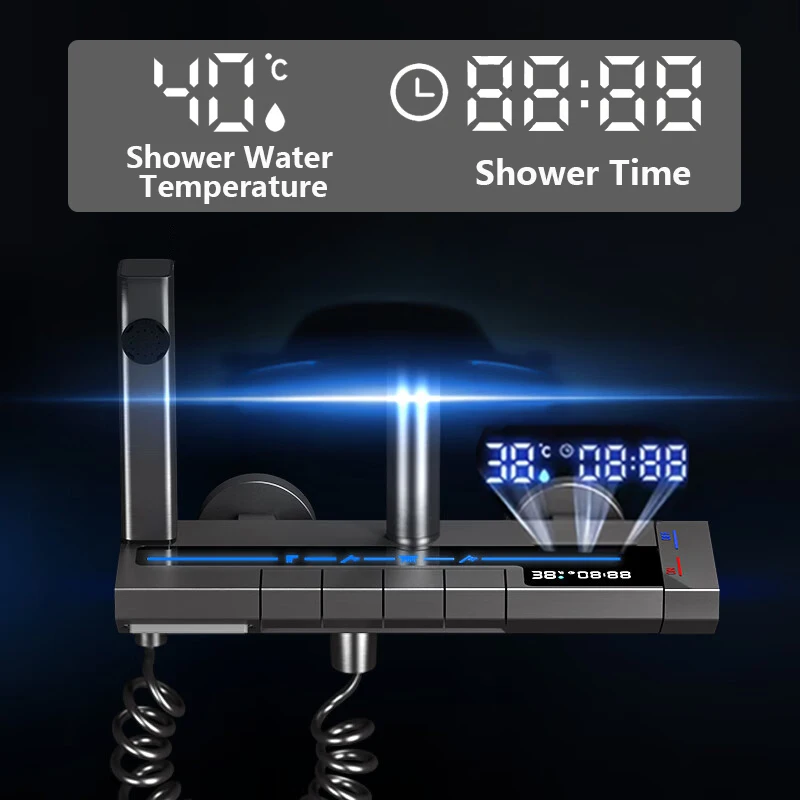 Space Aluminum Shower Set Digital Display Shower High Pressure Piano Button With Ambient Light Bathroom Faucets Shower Head Sets