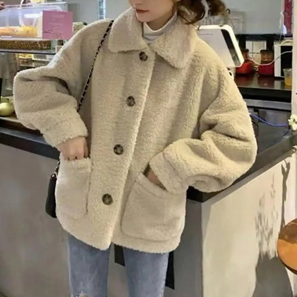 

Travel Jacket Stylish Turn-down Collar Winter Coat with Pockets Thick Fleece for Women Single-breasted Design Solid for Wear