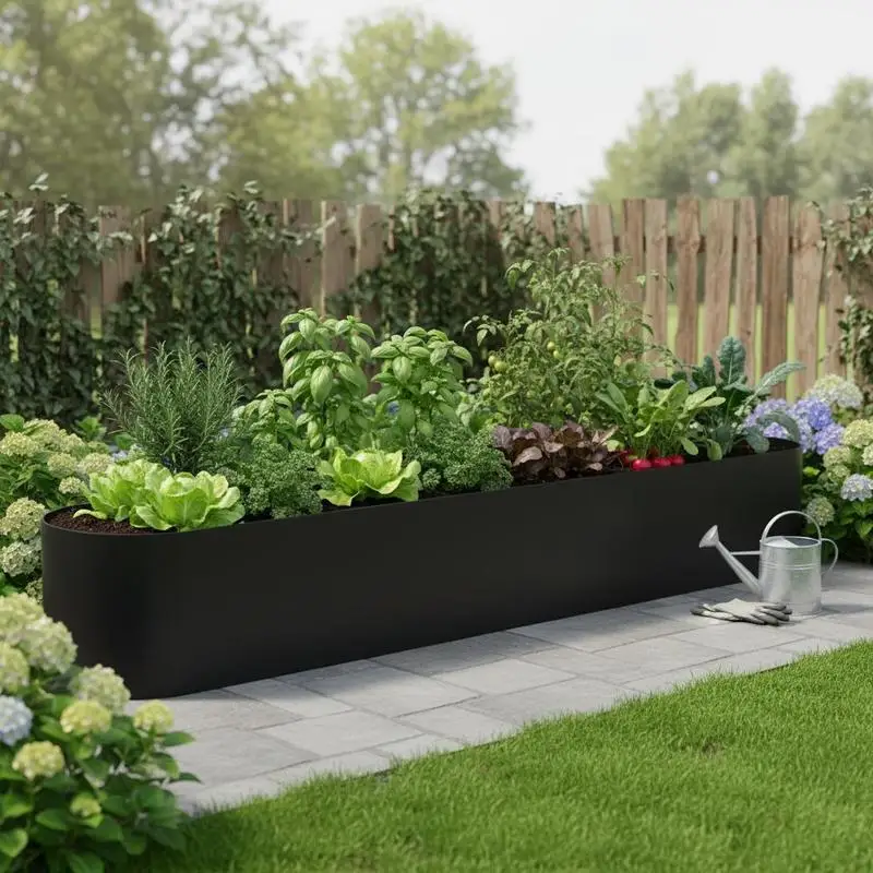 Bac de jardin surélevé noir, dimensions 280 x 40 x 40 cm, grand espace de culture adapté aux légumes, aux fleurs et aux aromatiques, avec un bon drainage pour une utilisation en extérieur.
