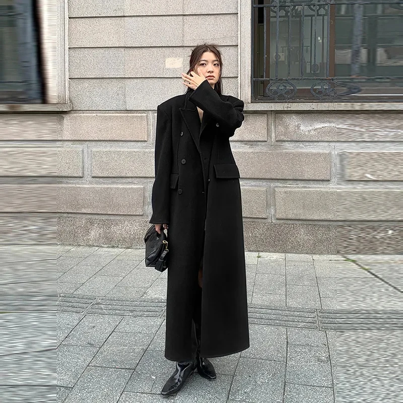 

Y2K пальто из искусственной шерсти для женщин, зимняя толстая теплая двубортная длинная куртка, женская корейская уличная одежда, универсальная смесовая верхняя одежда