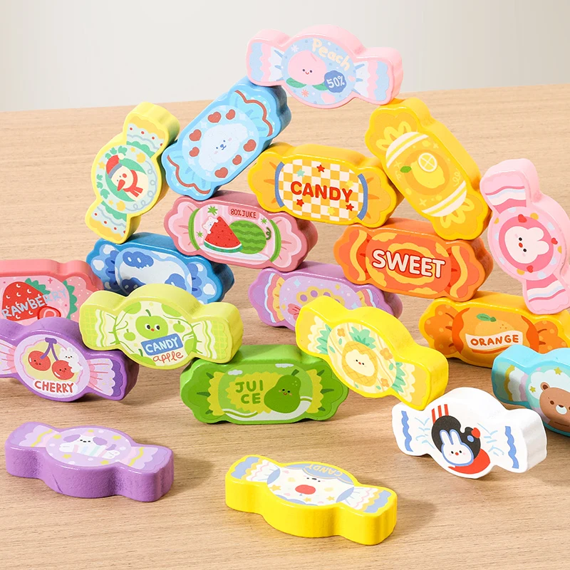 ألعاب خشبية ملونة على شكل حلوى مع أنماط متنوعة للعب. يمكن للأطفال ممارسة التعرف على الأشكال أثناء متعة مع العلبة #5