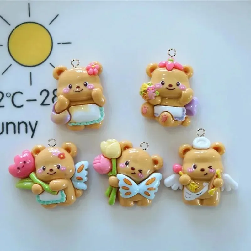 10Pcs Cute Floral Little Bear Flatback Resin Charms Kawaii Mini Animal Pendants DIY Earrings Keychain Craft Supplies