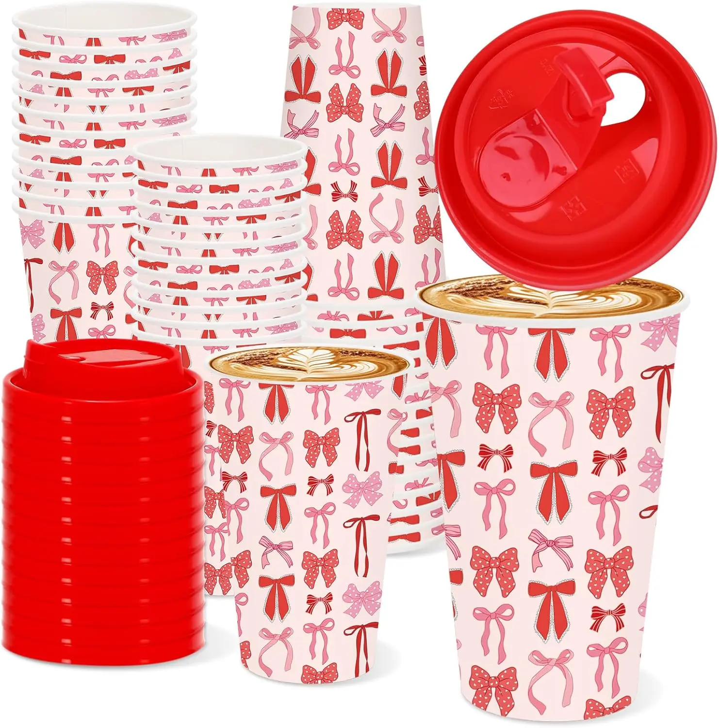 

50 Set Valentine's Day Disposable Coffee Cups with Lids Paper Cup Pink Red Bow Drinking Cups for Birthday Wedding Valent