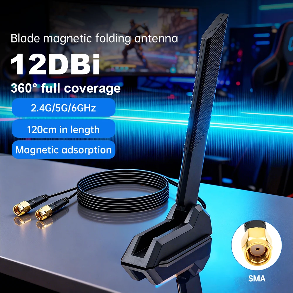 12DB Antenna External Foldable WiFi 6E 2.4G/5G/6G  High Gain Magnetic Signal Booster for PCIe Adapter Router with SMA Connector