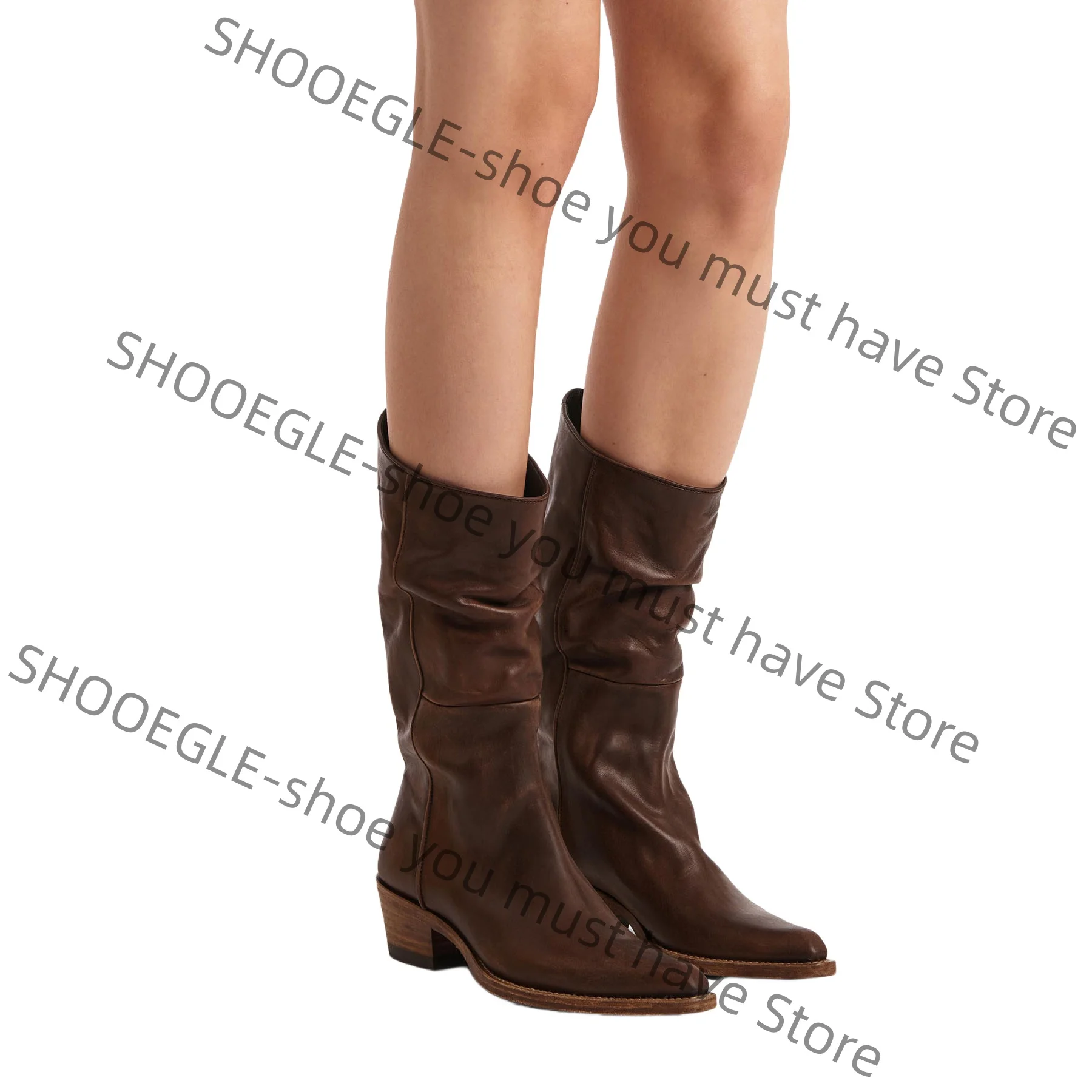 Women's Vintage Distressed Brown Leather Slouchy Cowboy Boots Mid-Calf Design Classic Pointed Toe Low Block Heel Lady Daily Boot