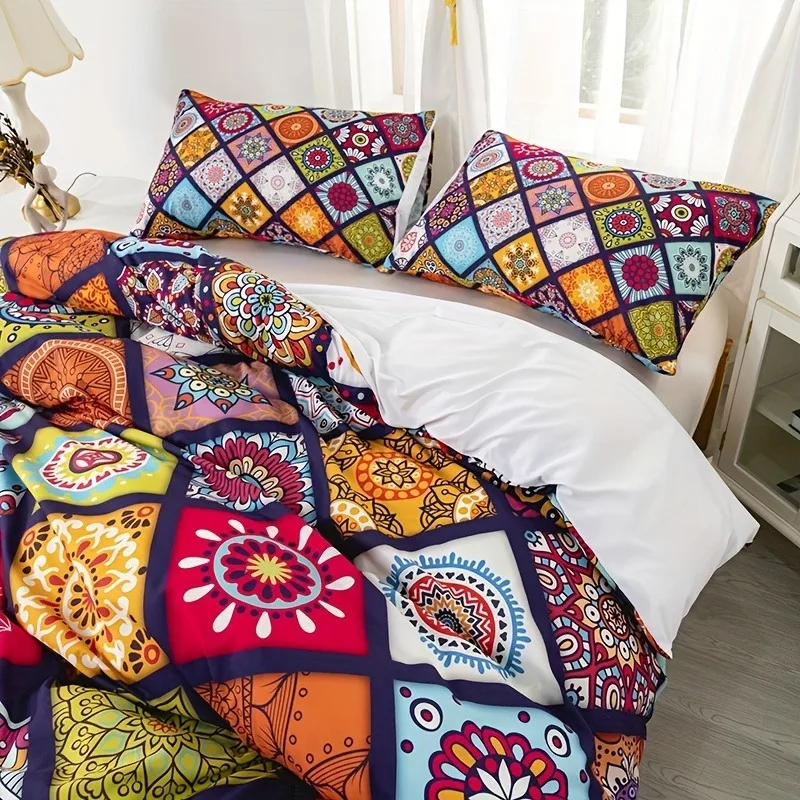 Bohemian Mandala Duvet Cover Set, Colorful Patchwork Bedding Set, Boho Geometric Printed Soft Microfiber for Bedroom Decor