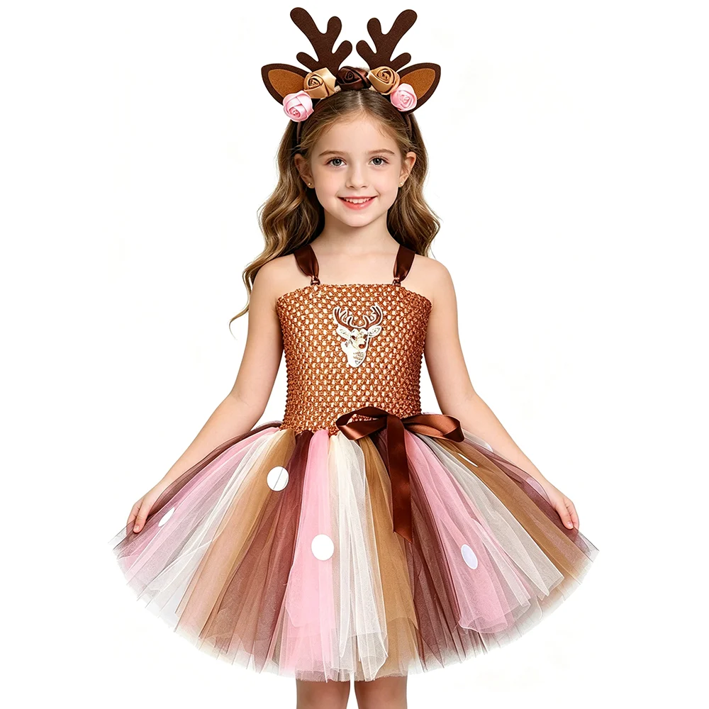 Baby Girls Christmas Reindeer Tutu Dress with Antlers Headband Kids Xmas Elk Costumes Children New Years Deer Disguise Outfit