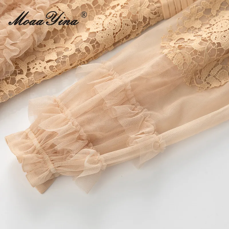 MoaaYina Vestido de renda com gola alta, manga comprida, em camadas, orelhas pretas, franjas, fofo, estilo princesa, para primavera/verão 2025 S-4XL