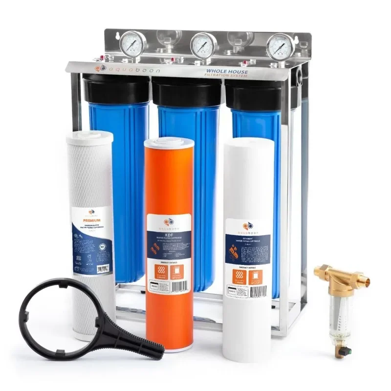 Aquaboon 3-Stage Whole House Water Filter System with Prefilter & 20x4.5 Water Filters | Gauge & Release, Wrench