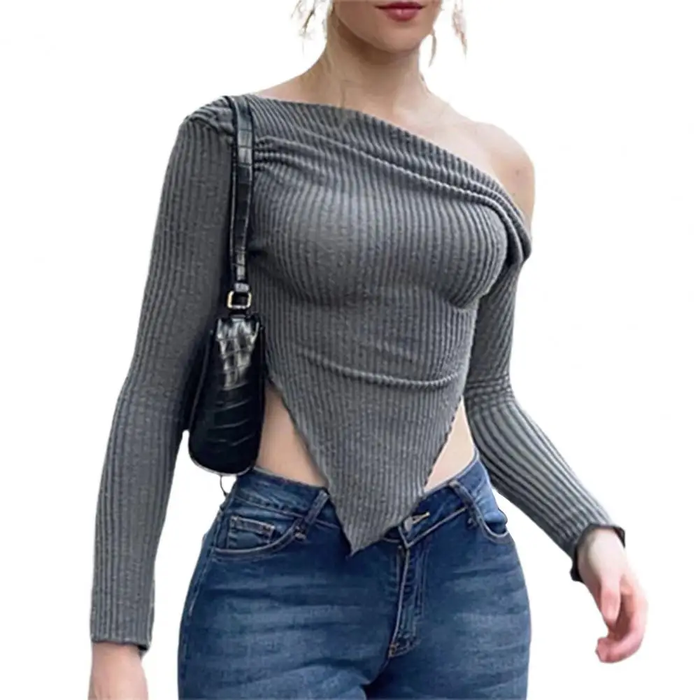 Knit Top Stylish Women's Knitting Tops with Sloped Shoulder Collar Irregular Hem Sexy Ribbed Blouse for Versatile Looks Sexy