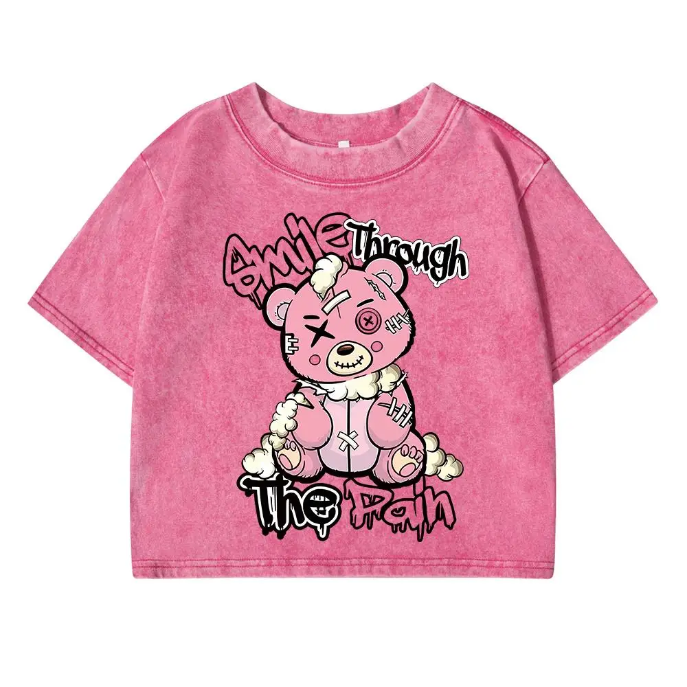 

Smile Through The Pain Printing Women Wash Short Tshirt Breathable Soft Tee Tops Fashion Casual T-Shirt Distress O-Neck Clothes