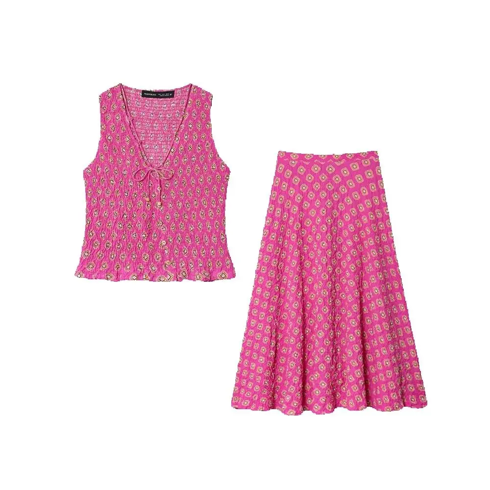 بلوزة نسائية صيفية جديدة لقضاء العطلات على شكل قرص العسل مطبوعة برقبة على شكل حرف V بدون أكمام وتنورة ميدي عالية الخصر