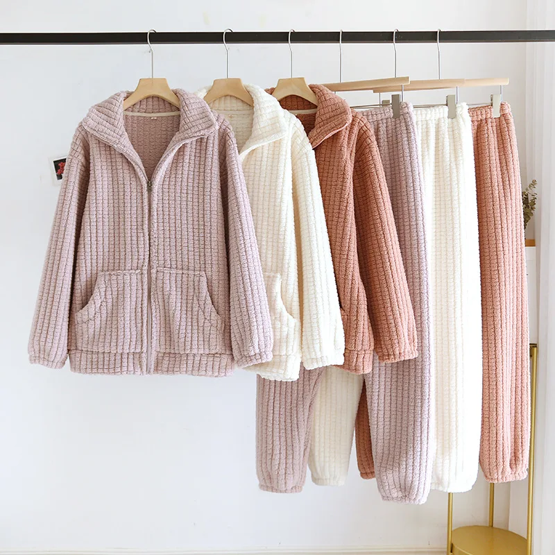 Couple Coral Velvet Sleepwear Women Thick Nightie Pajamas Set Men 2024 Winter New Warm Flannel Zipper Pijames Loose Home Clothes