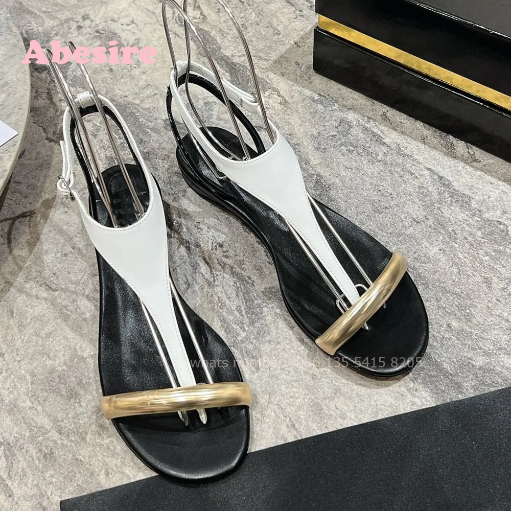 Metal T-Strap Sandals Buckle Strap Clip-Toe Low Heels Women's Sandals Slingback Patchwork Casual Shoes Summer Brand Luxury Sexy