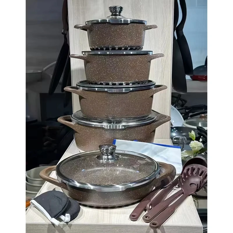 Cookware Set 17 Pieces Brown Granite Aluminum Non-Stick Cookware Set Kitchen