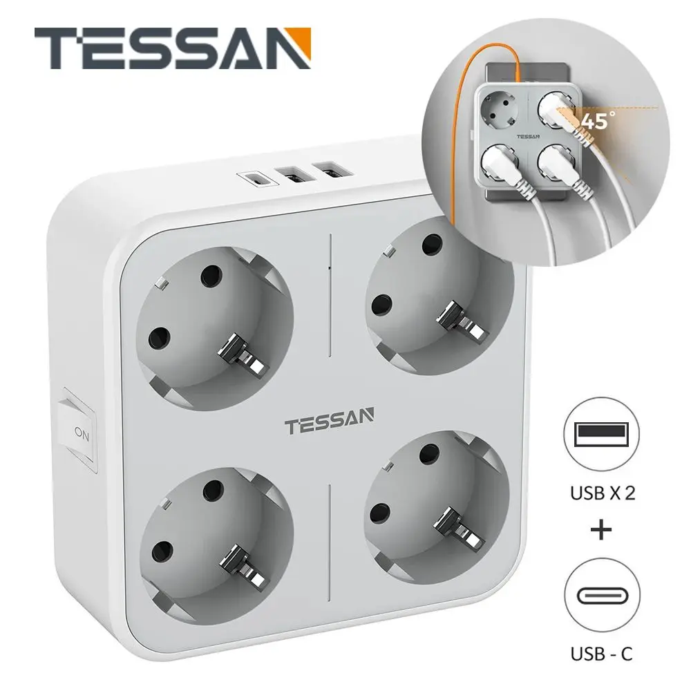 

TESSAN USB Wall Socket Extender with AC Outlets USB Ports Type C Power Adapter 7-in-1 Plug Socket On/Off Switch for Home Office