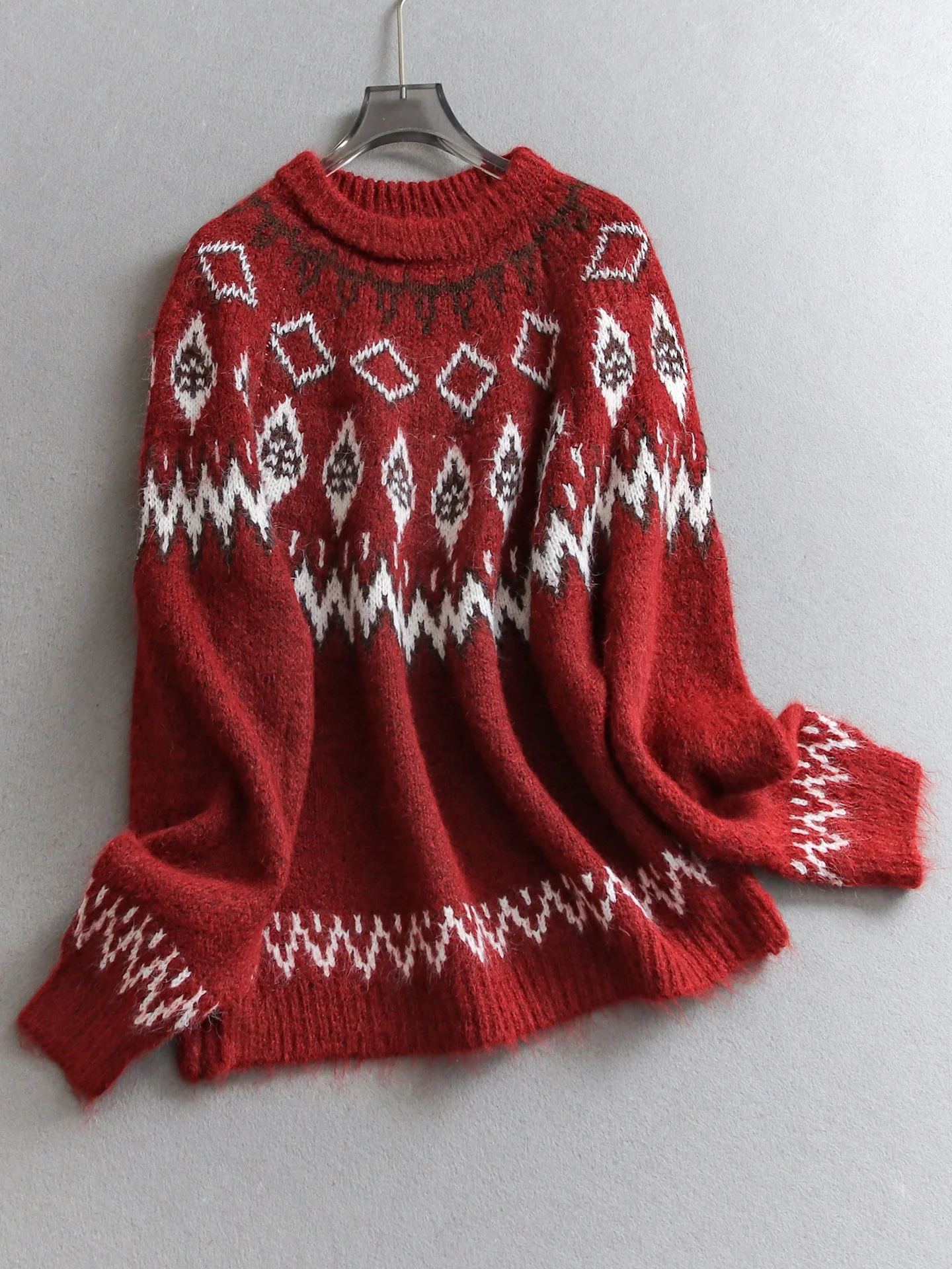 سترة محبوكة طويلة من Color Blo Retro Fair Isle سترة دائرية Ne بلوفر ناعم صديق للبشرة ملابس تريكو شتوية غير رسمية للنساء