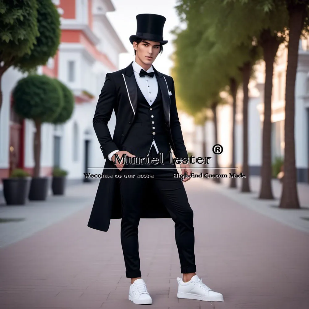 Burgundy Wedding Suits Long Bespoke Single Breasted Prom Blazer With White Lapel Jacket Vest Pants 3 Pieces Bridegroom Tuxedo