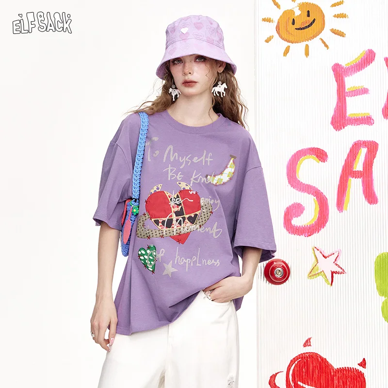 ELFSACK 2025 Summer New Arrivals Devil'S Corner Love Printed Loose Casual Short Sleeved T-Shirt For Women