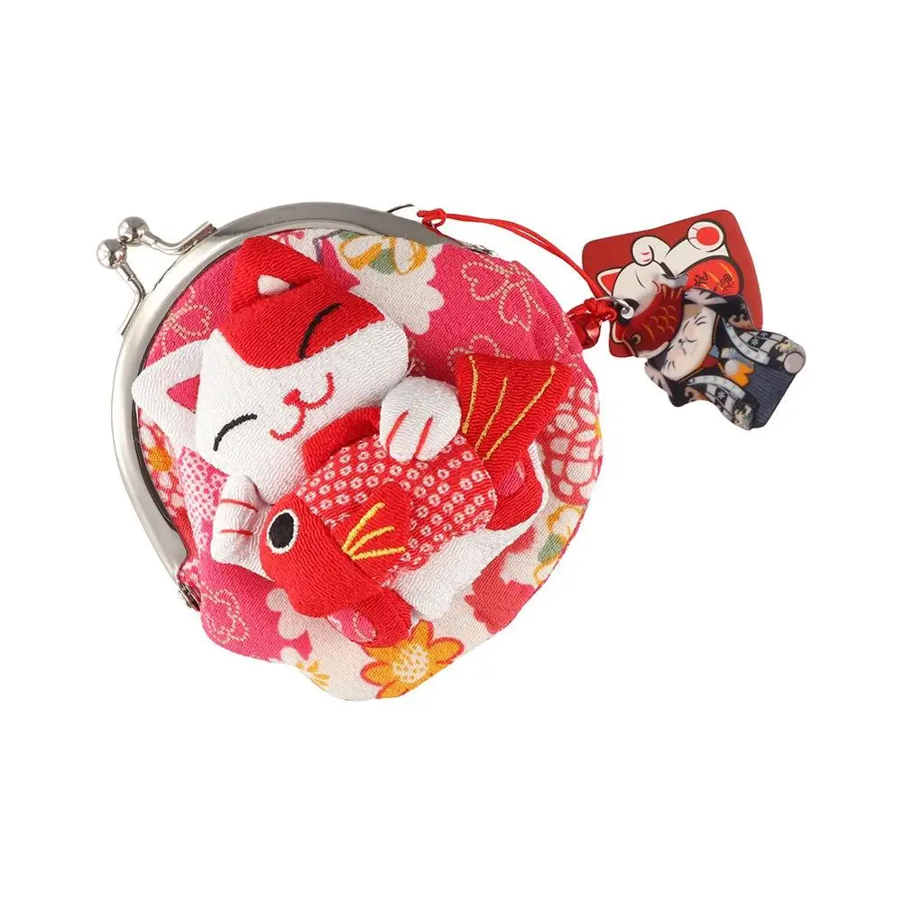 Retro สไตล์ญี่ปุ่น Maneki Neko เหรียญกระเป๋าสตางค์ตุ๊กตากระเป๋าสตางค์ Lucky Cat กระเป๋าคลัทช์กระเป๋าดอกไม้พิมพ์ผู้ถือบัตรกลางแจ้ง