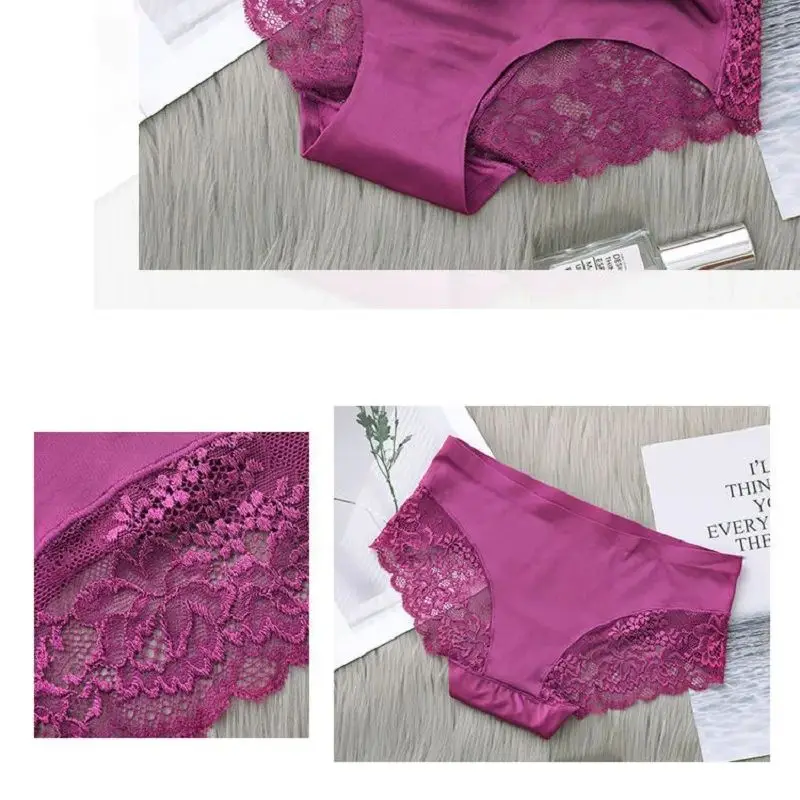 4Pcs Women\'s Sexy Bikini Panties Back Lace Underwear Ice Silk Satin Seamless Girls Lingerie Female Briefs Comfortable Underpants