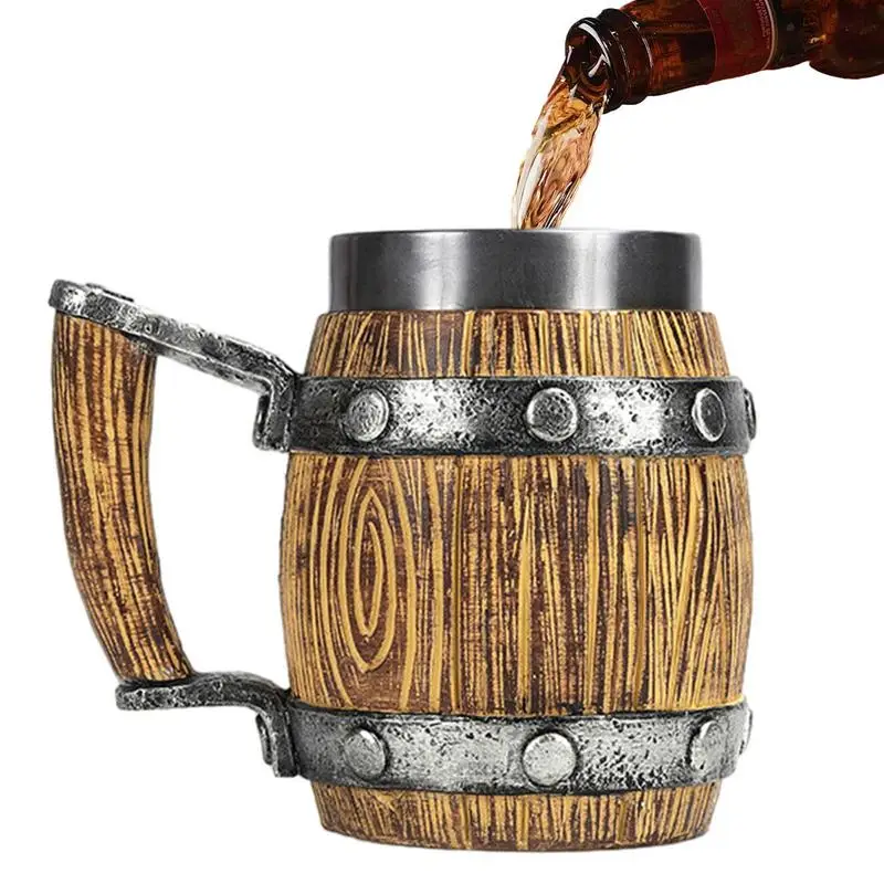 

600ml Barrel Beer Mug Stainless Steel Coffee Cup Double Wall Drinking Mug Wooden Barrel Beer Cup Drinkware Kitchen Supplies